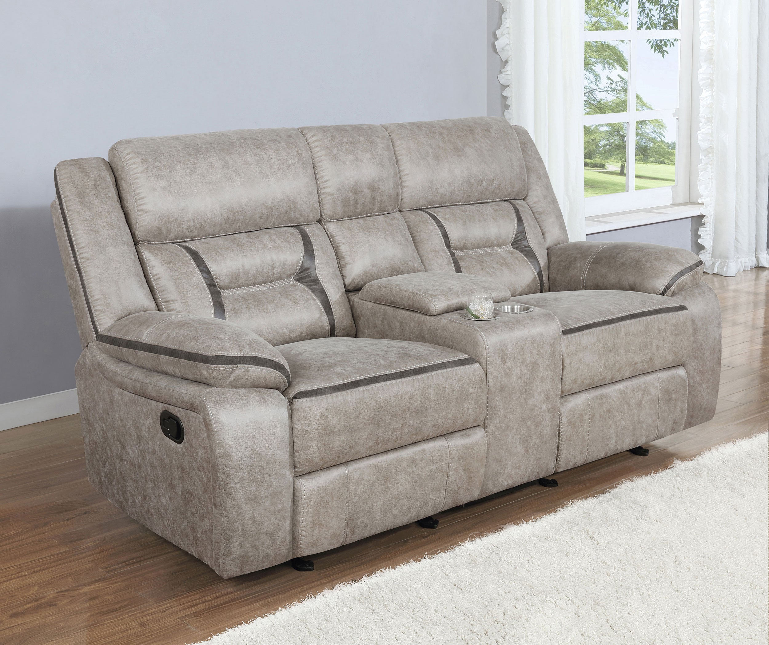 Greer Upholstered Motion Reclining Loveseat Taupe — view 2