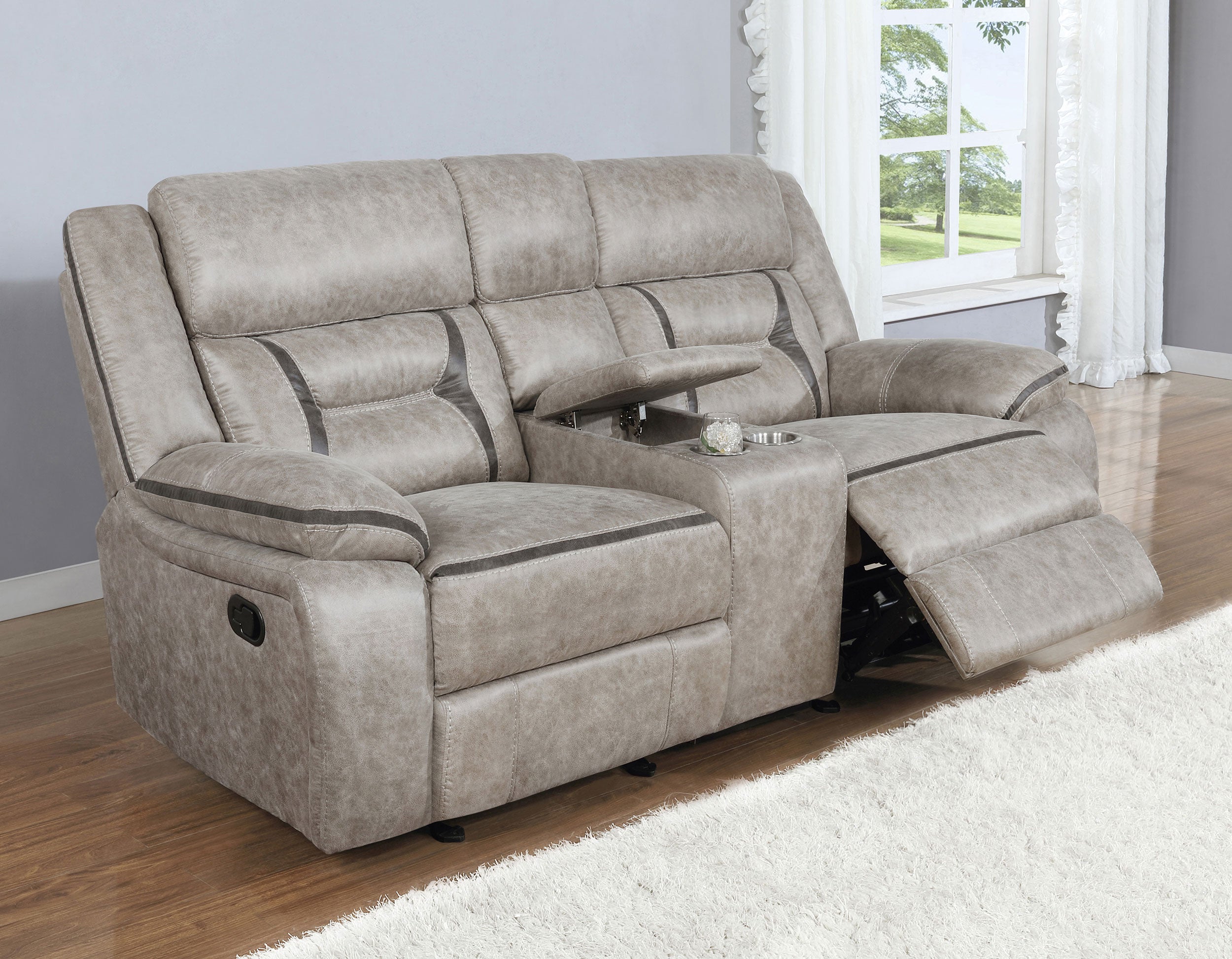 Greer Upholstered Motion Reclining Loveseat Taupe — view 1