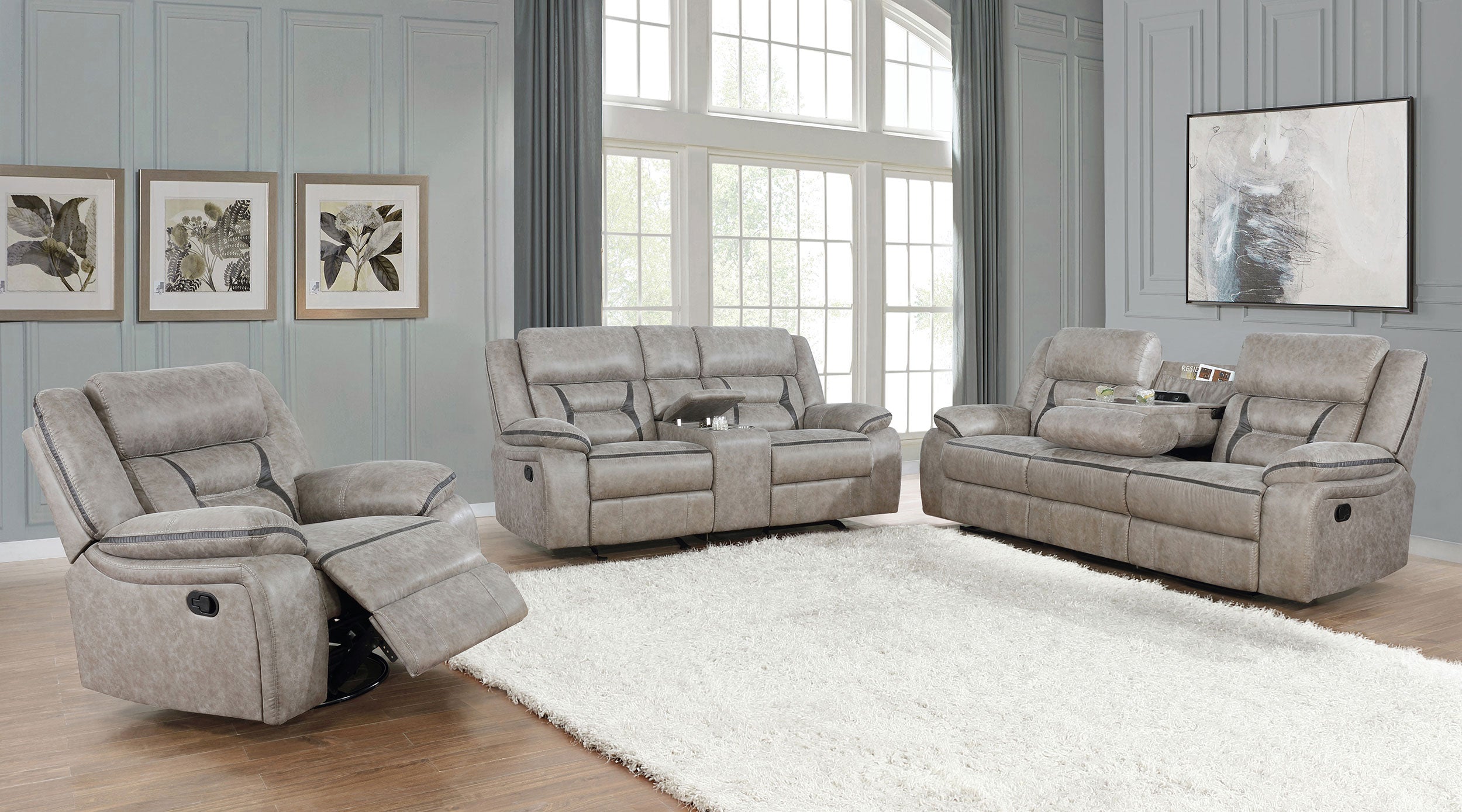 Greer Upholstered Motion Reclining Loveseat Taupe — view 11