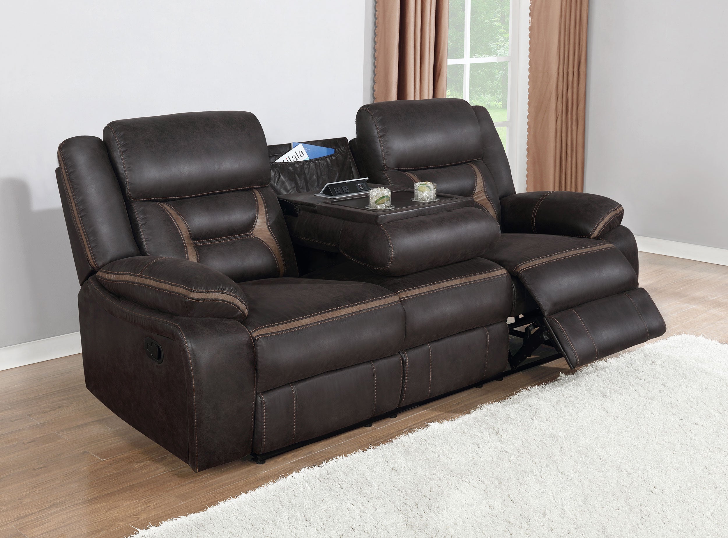 Greer Upholstered Motion Reclining Sofa Brown — view 3