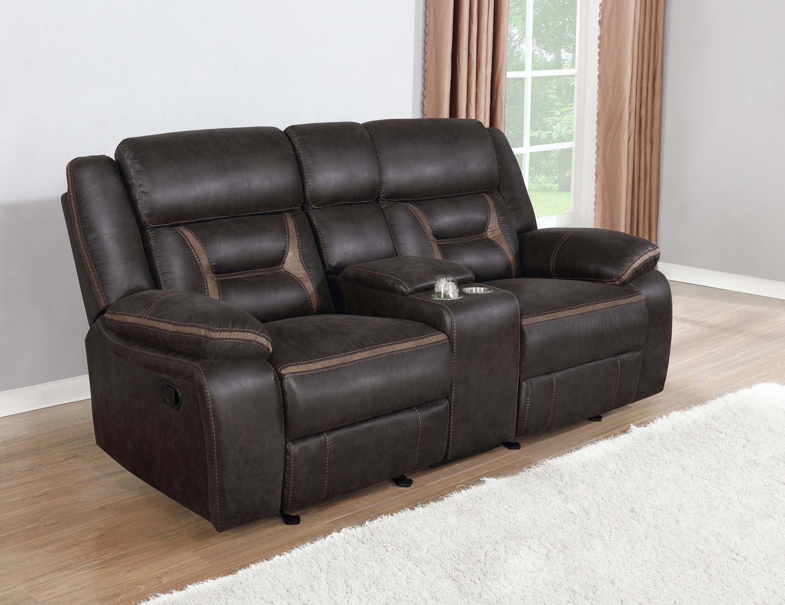 Greer Upholstered Motion Reclining Loveseat Brown — view 2