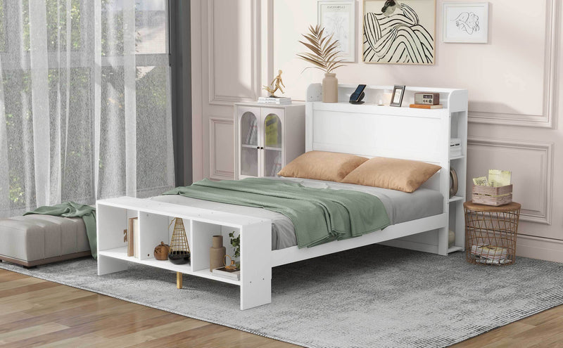 Full Size Platform Bed with built-in shelves, LED Light and USB ports, White