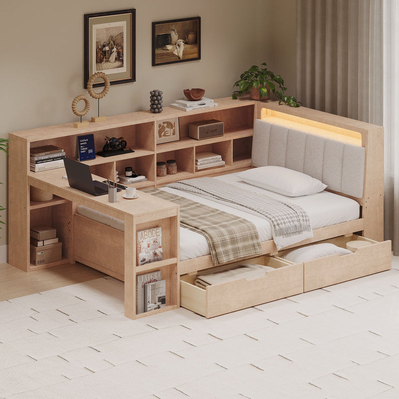 L Shaped Daybed With Desk, Bookcase, Upholstered Headboard, Drawers, And LED Light