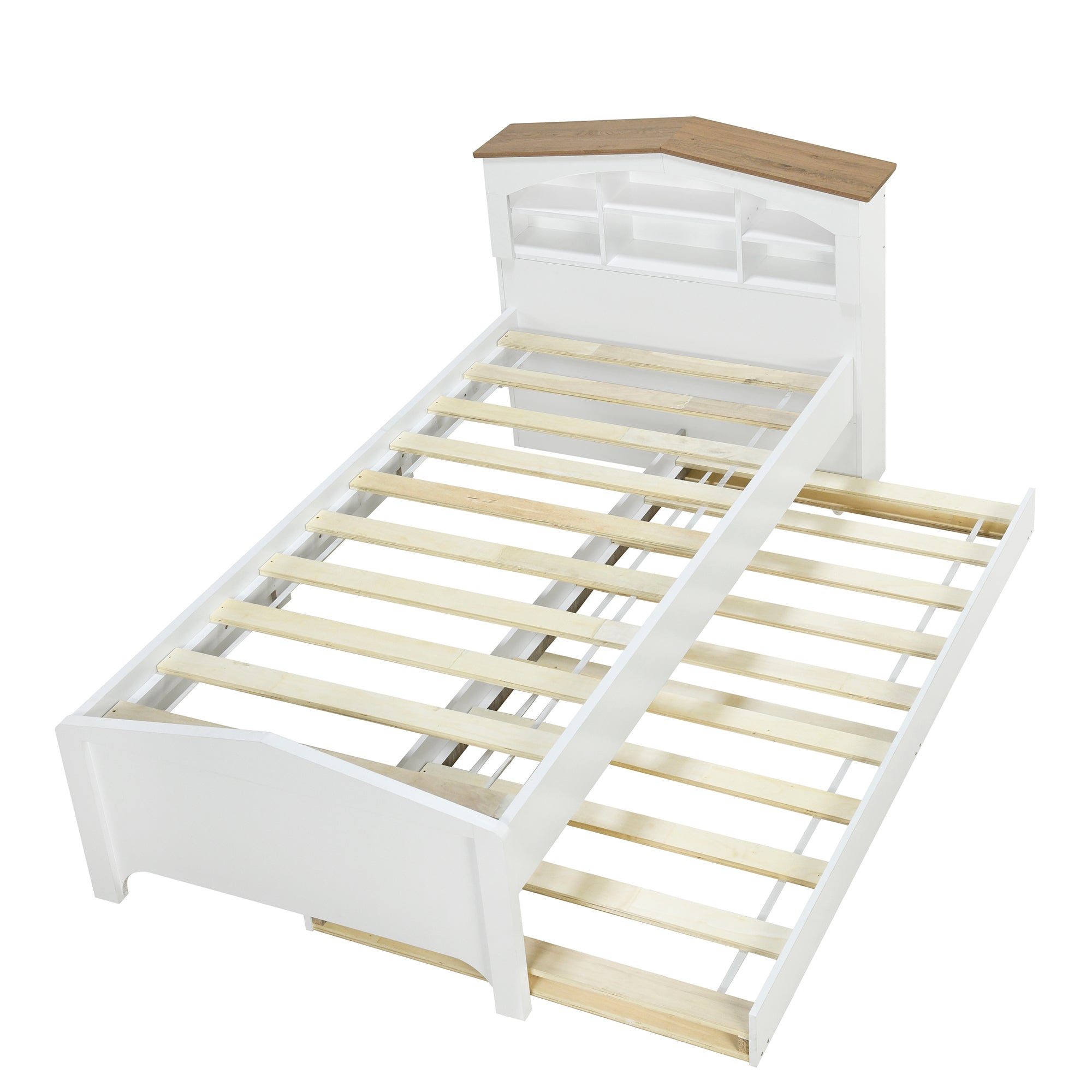 Twin Size Wood Platform Bed with House-shaped Storage Headboard and Trundle, White - Atlantic Fine Furniture Melbourne FL