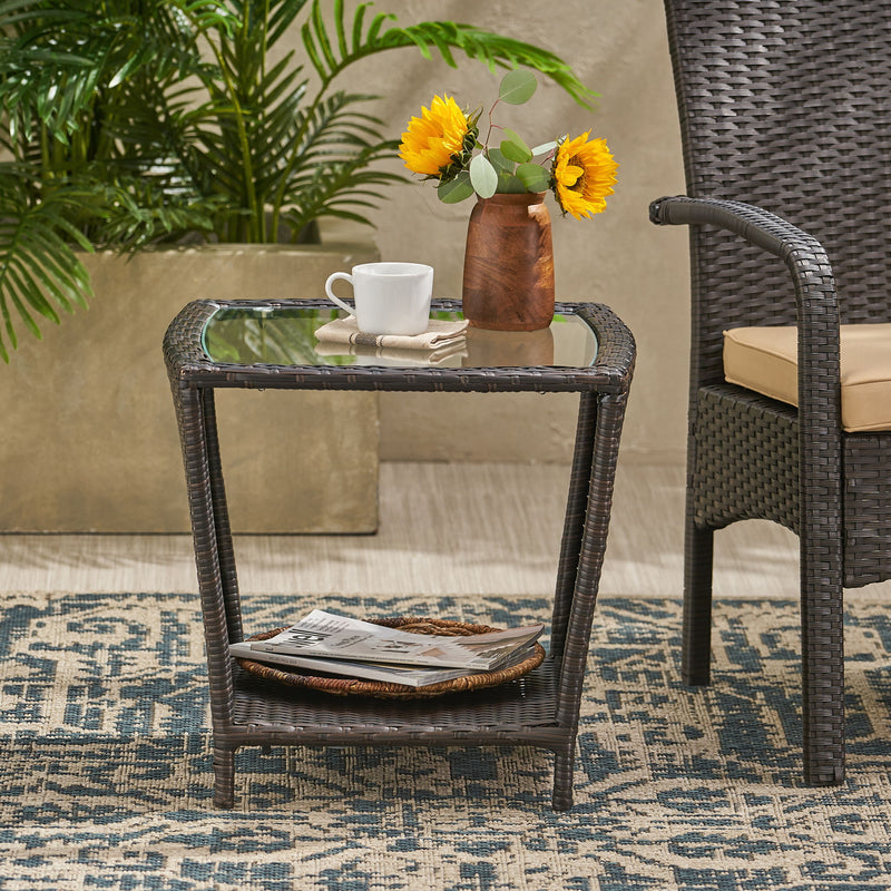 Trenton - Outdoor Side Table With Glass Top - Brown Rattan