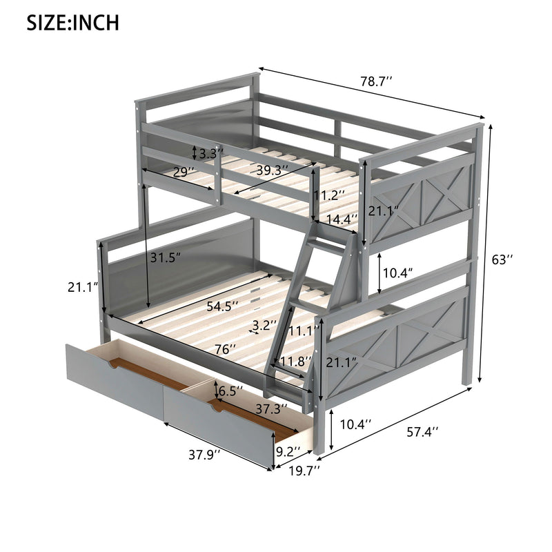 Twin Over Full Bunk Bed With Ladder, Two Storage Drawers, Safety Guardrail