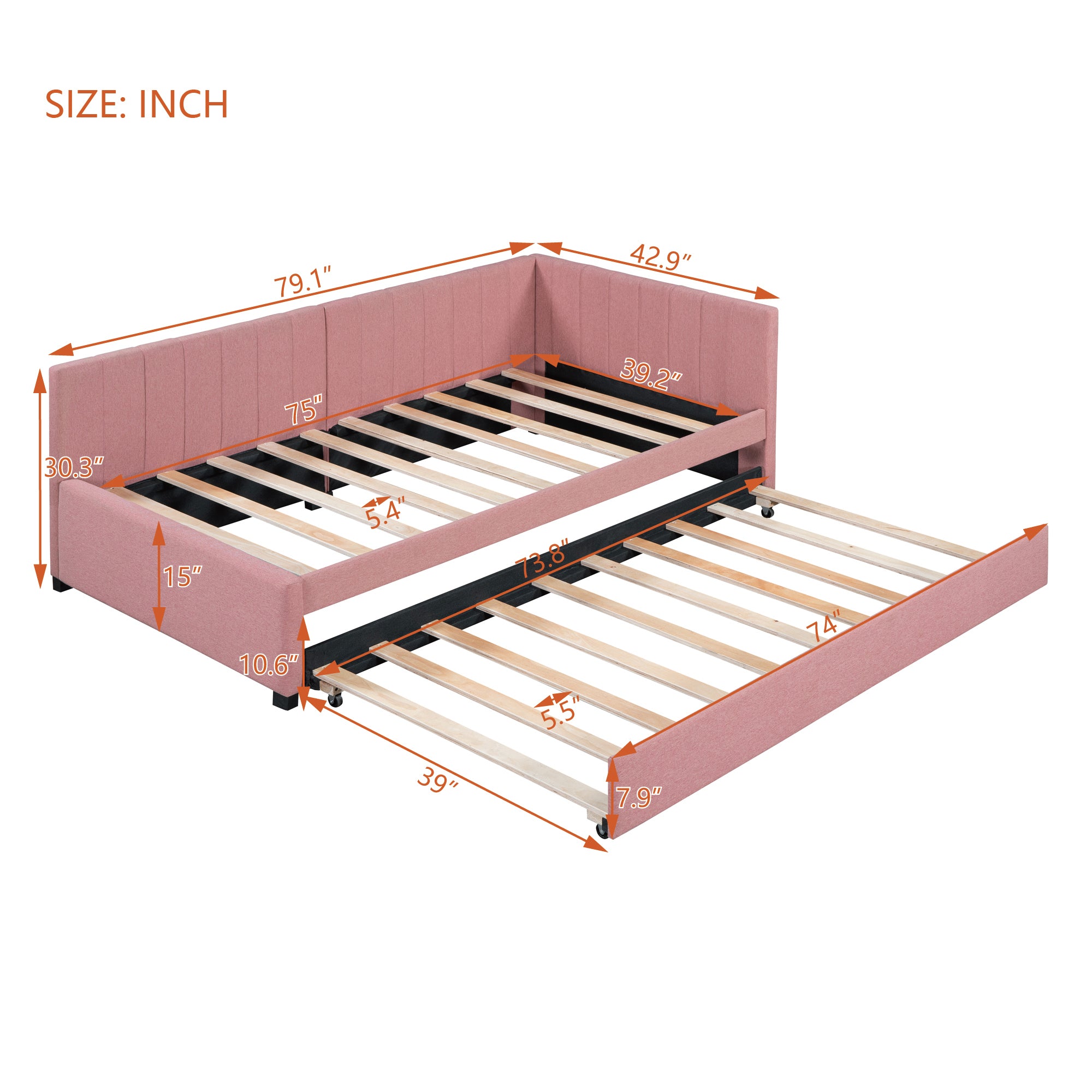 Upholstered Daybed with Trundle Twin Size Sofa Bed Frame No Box Spring Needed, Linen Fabric(Pink) - Atlantic Fine Furniture Melbourne FL