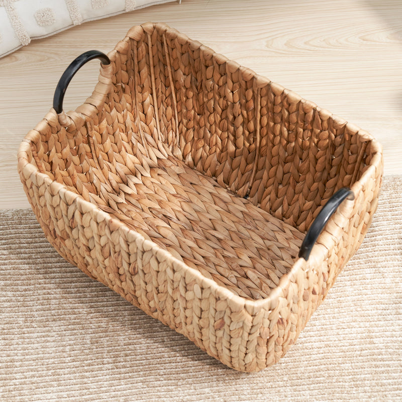 Rectangular Multi Purpose Water Hyacinth Woven Wicker Baskets With Handles - Natural / Brown