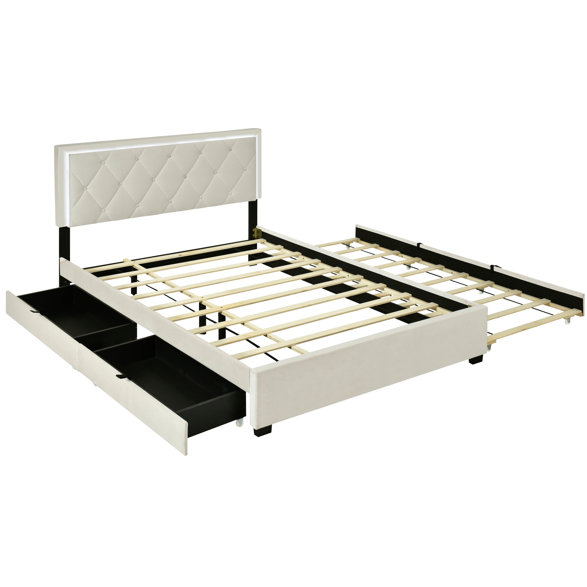 Queen Size  Velvet Storage Platform Bed, with 2 Big Drawers, Twin XL Size Trundle and LED Light, Beige - Atlantic Fine Furniture Melbourne FL