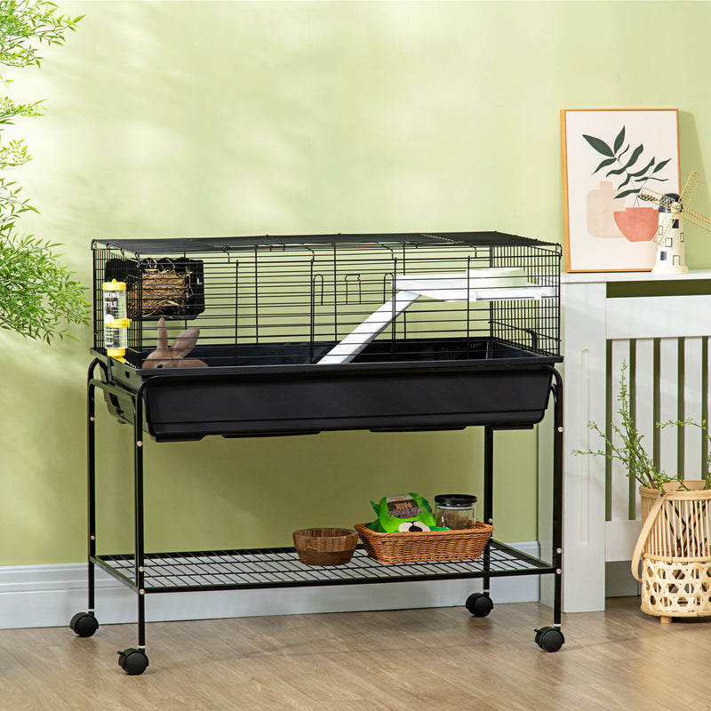 Pawhut - Two-Story Small Animal Cage Removable From Stand, Guinea Pig Cage, Hedgehog Cage, Chinchilla Cage, Ferret, With Shelf & Wheels, Pet Habitat - Black