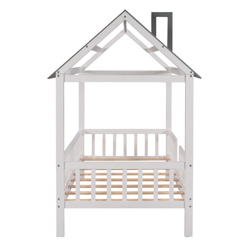 Twin Size Wood House Bed with Fence, White+Gray