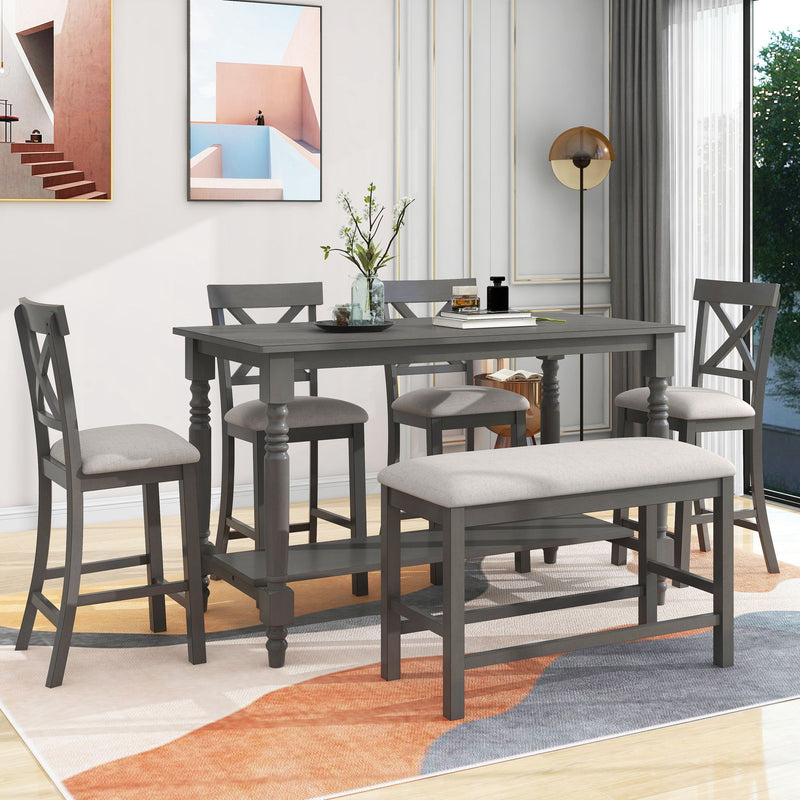 6 Piece Counter Height Dining Table Set With Shelf, 4 Chairs And Bench