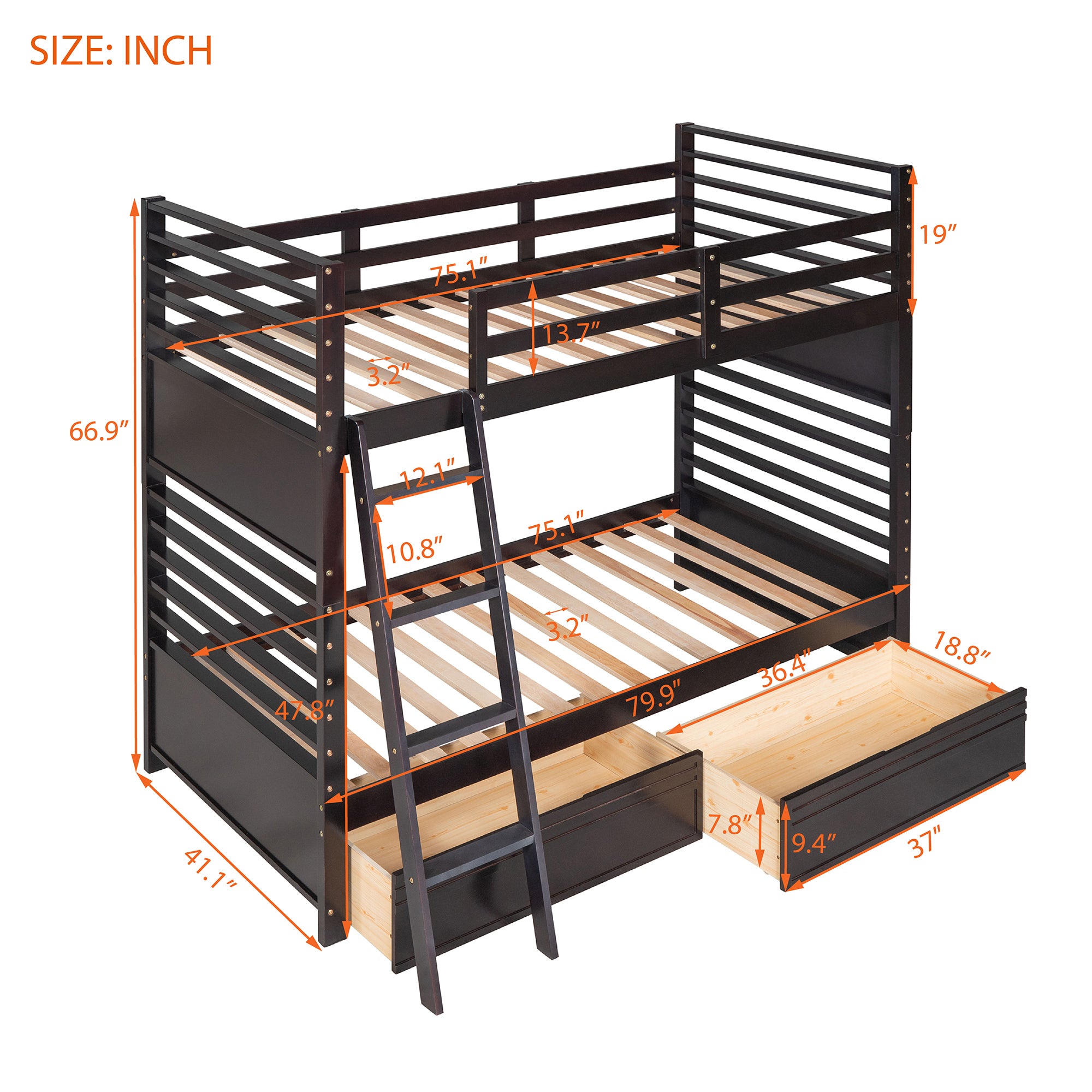Twin over Twin Wood Bunk Bed with Two Drawers - Espresso - Atlantic Fine Furniture Melbourne FL