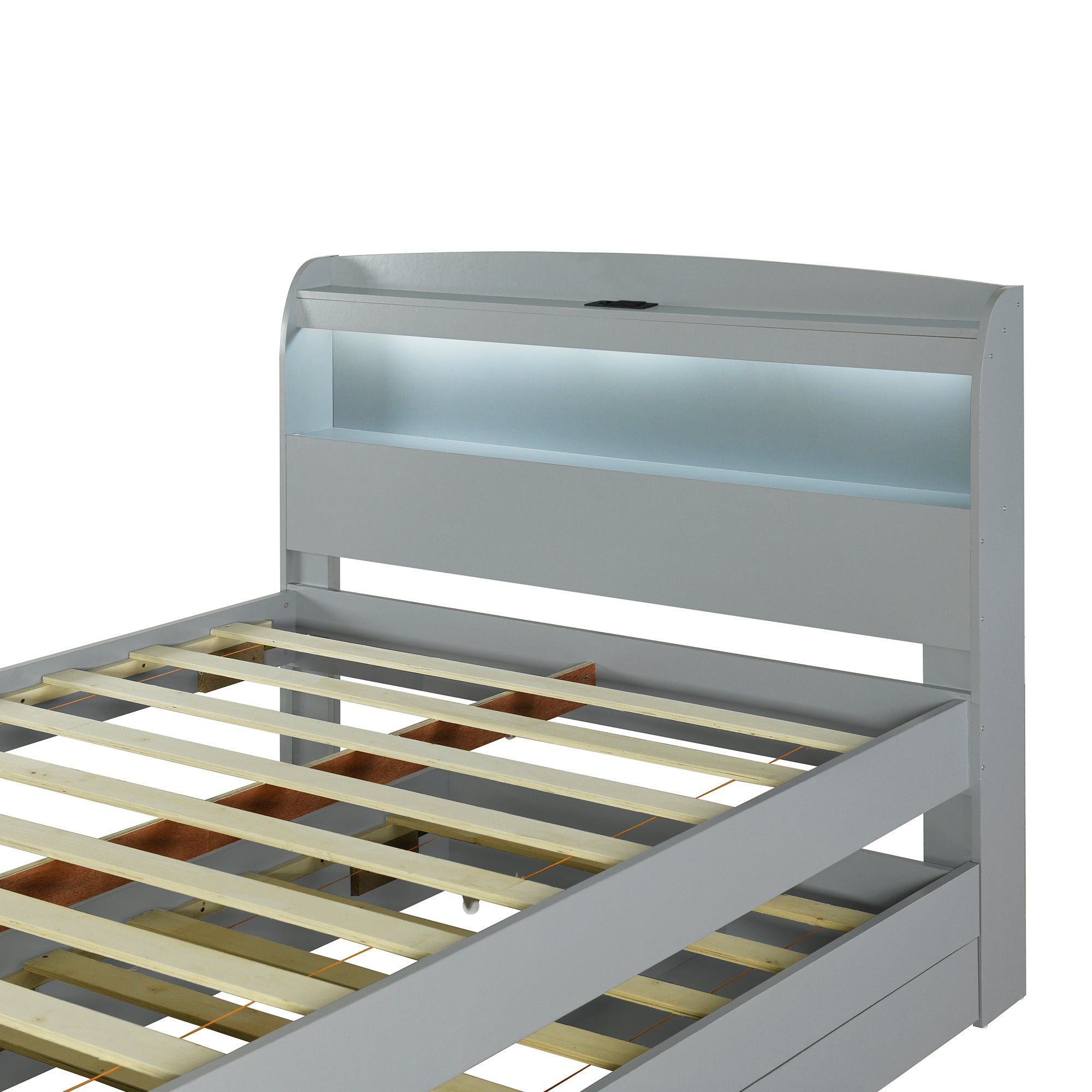 Full XL Size Platform Bed with Storage LED Headboard, Charging Station, Twin Size Trundle and 2 Drawers, Gray - Atlantic Fine Furniture Melbourne FL