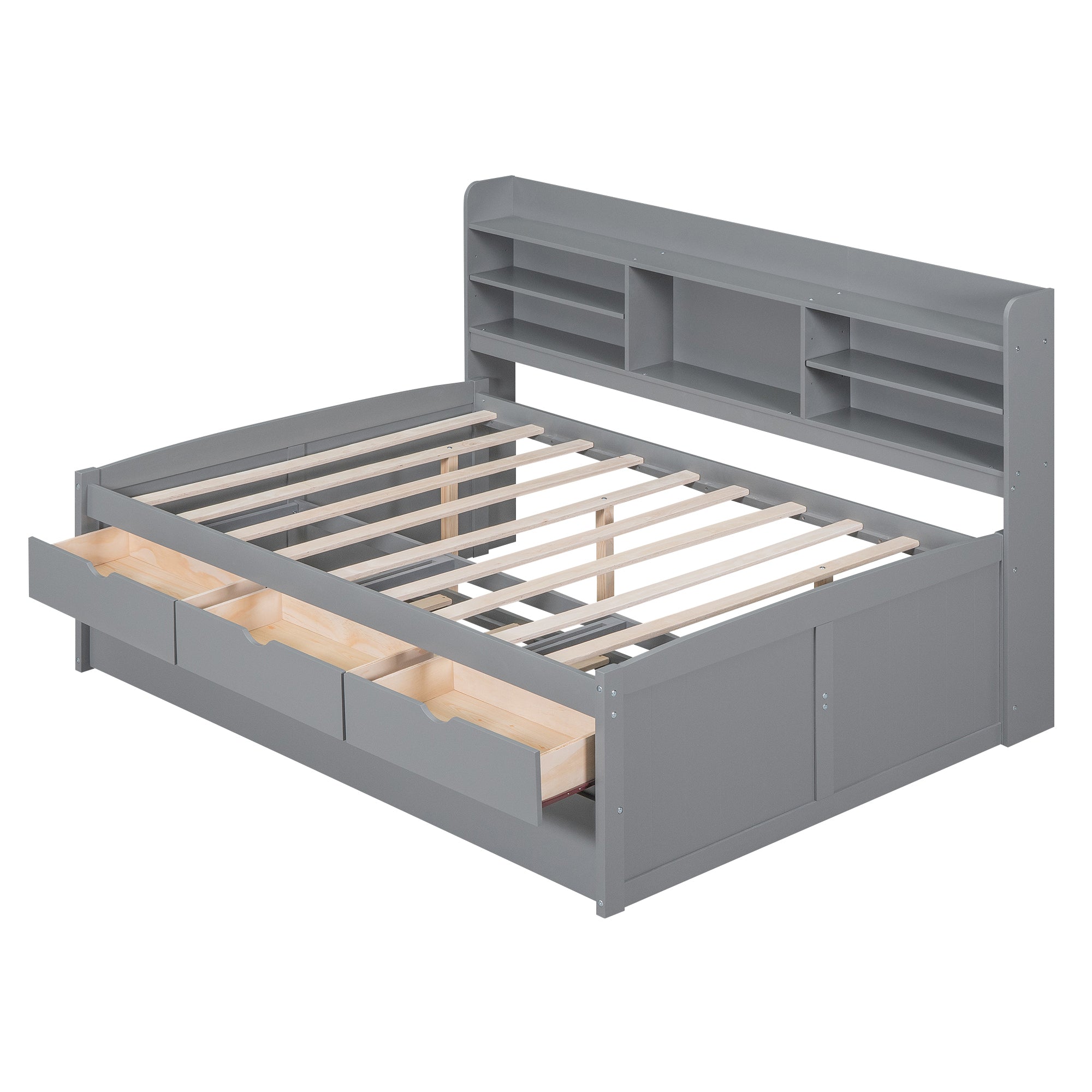 Full Size Wooden Captain Bed with Built-in Bookshelves,Three Storage Drawers and Trundle,Light Grey - Atlantic Fine Furniture Melbourne FL