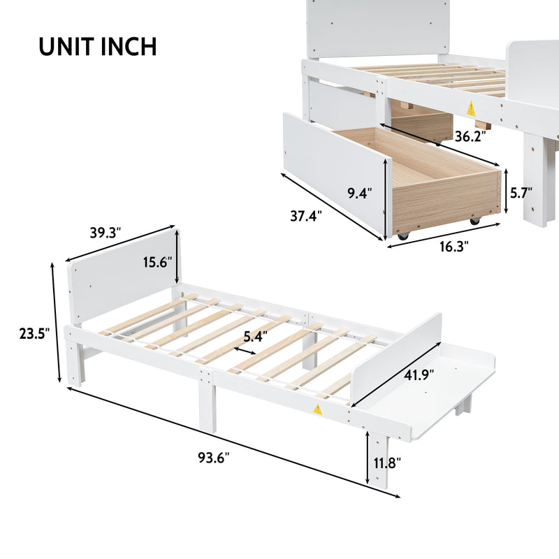 Twin Bed With Footboard Bench, 2 Drawers - White