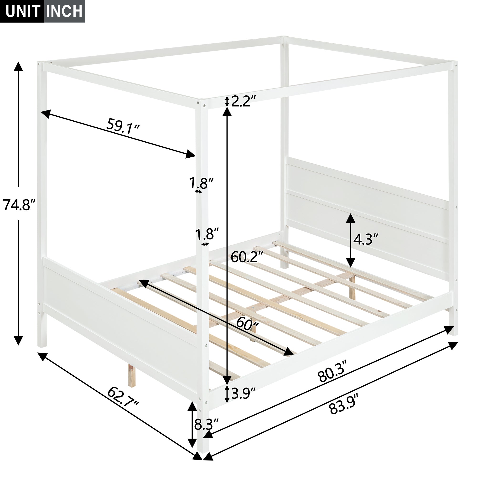 Queen Size Canopy Platform Bed with Headboard and Footboard,Slat Support Leg - White(OLD SKU:LT001912AAK)