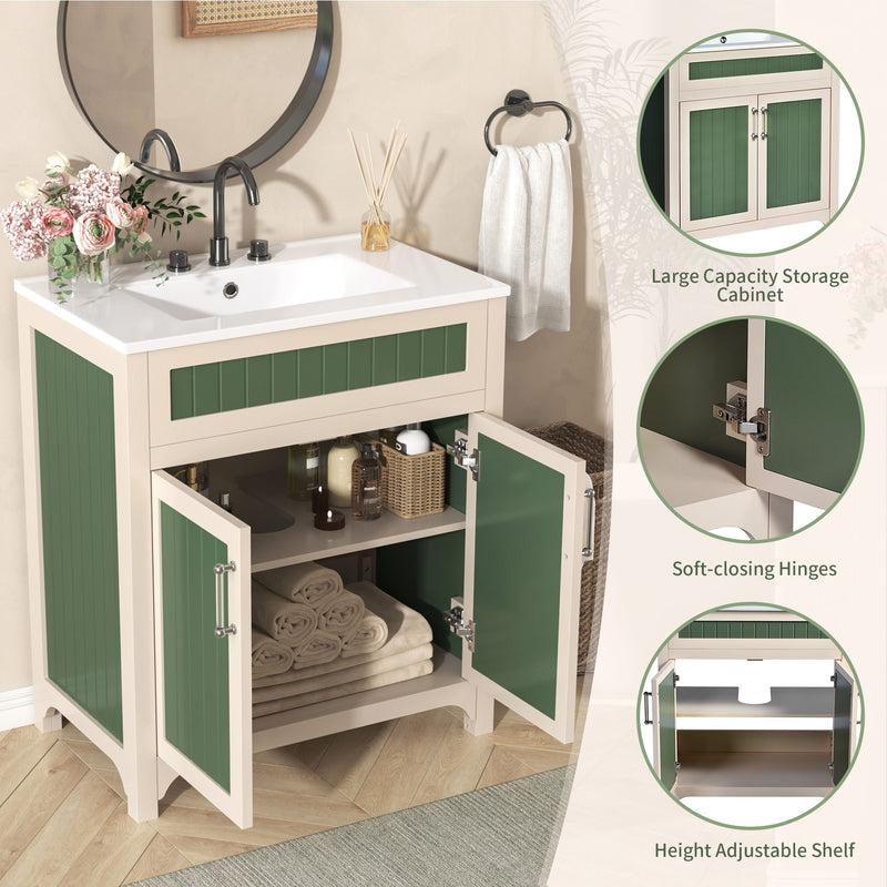 Bathroom Vanity Cabinet With Ceramic Sink Combo Set, Frame Modern Bathroom Storage Cabinet With Height Adjustable Shelf - Beige / Green