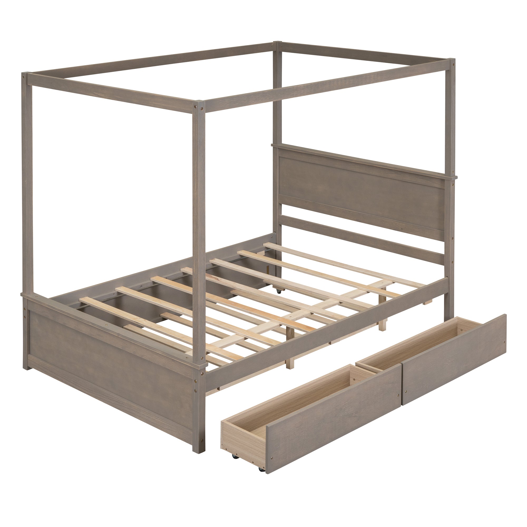 Wood Canopy Bed with Trundle Bed and two Drawers ,Full Size Canopy Platform bed With Support Slats .No Box Spring Needed, Brushed Light Brown - Atlantic Fine Furniture Melbourne FL