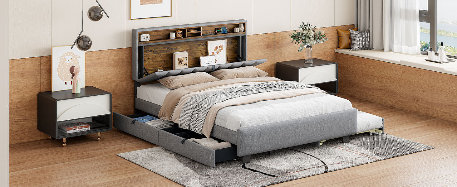 Queen size Upholstered Platform Bed with Storage Headboard, Twin XL Size Trundle & 2 drawers and a set of Sockets & USB Ports, Linen Fabric, Gray - Atlantic Fine Furniture Melbourne FL