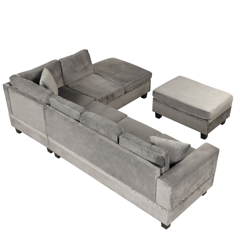 Modern Sectional Sofa With Storage Ottoman, L-Shape Couch With 2 Pillows And Cup Holder, Sectional Sofa With Reversible Chaise For Living Room