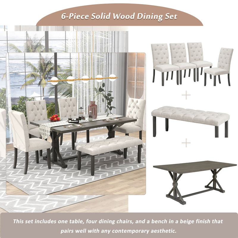6 Piece Dining Table Set With Rectangular Wood Table, 4 Upholstered Chairs, Bench