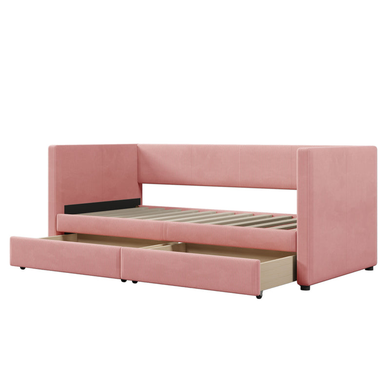 Twin Size Corduroy Daybed With Two Drawers And Wood Slat