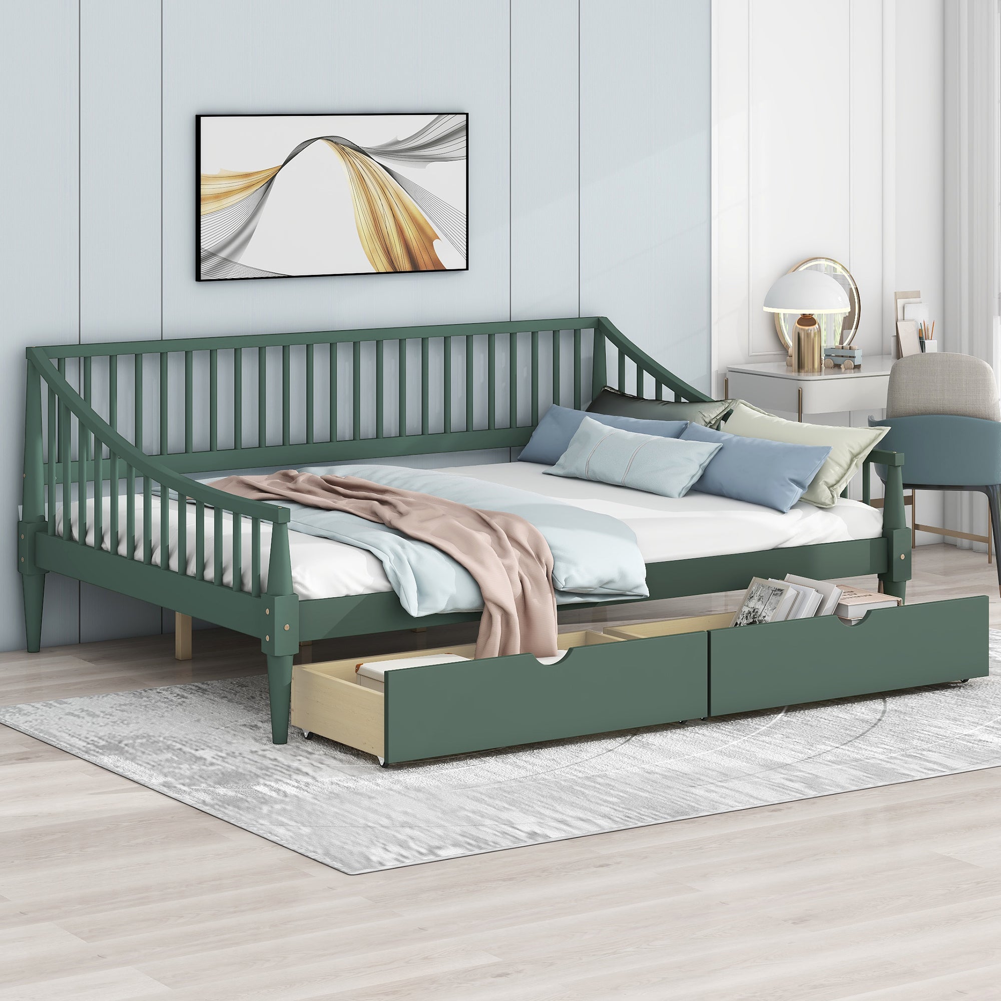 Full Size Daybed with Two Storage Drawers and Support Legs, Green - Atlantic Fine Furniture Melbourne FL