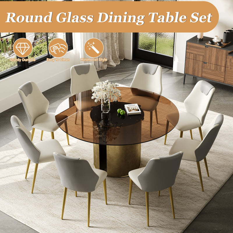 Modern Round Dining Table Set With Glass Top And Steel Legs