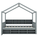 Full Size Wooden House Bed with Shelves and a Mini-cabinet, Gray