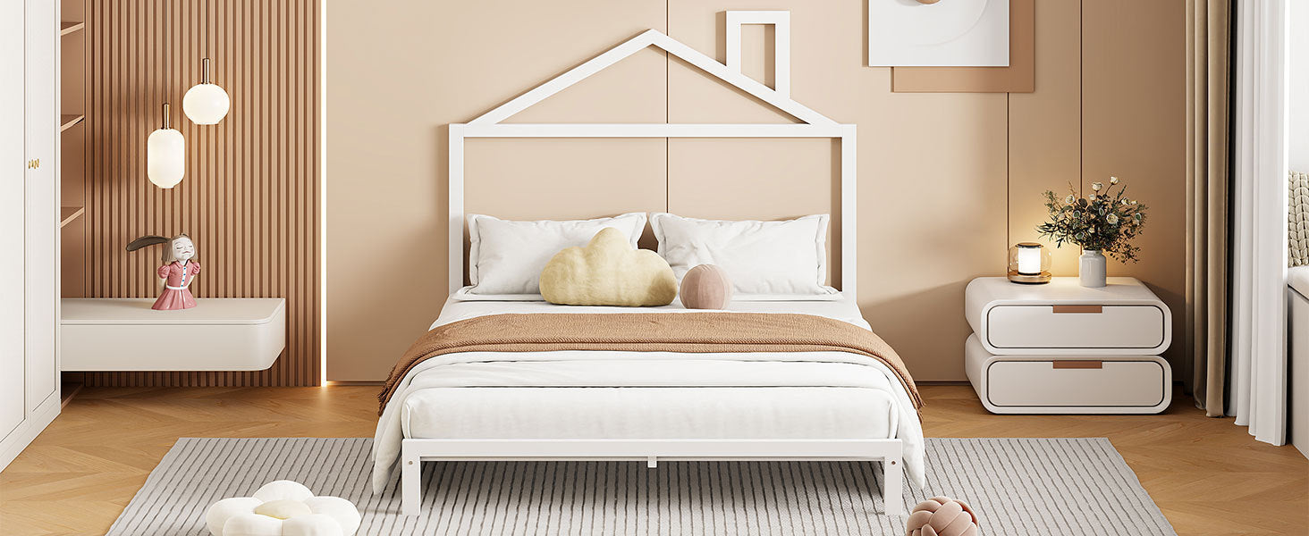 Full Size Metal Platform Bed with House-Shaped Headboard Design, White - Atlantic Fine Furniture Melbourne FL
