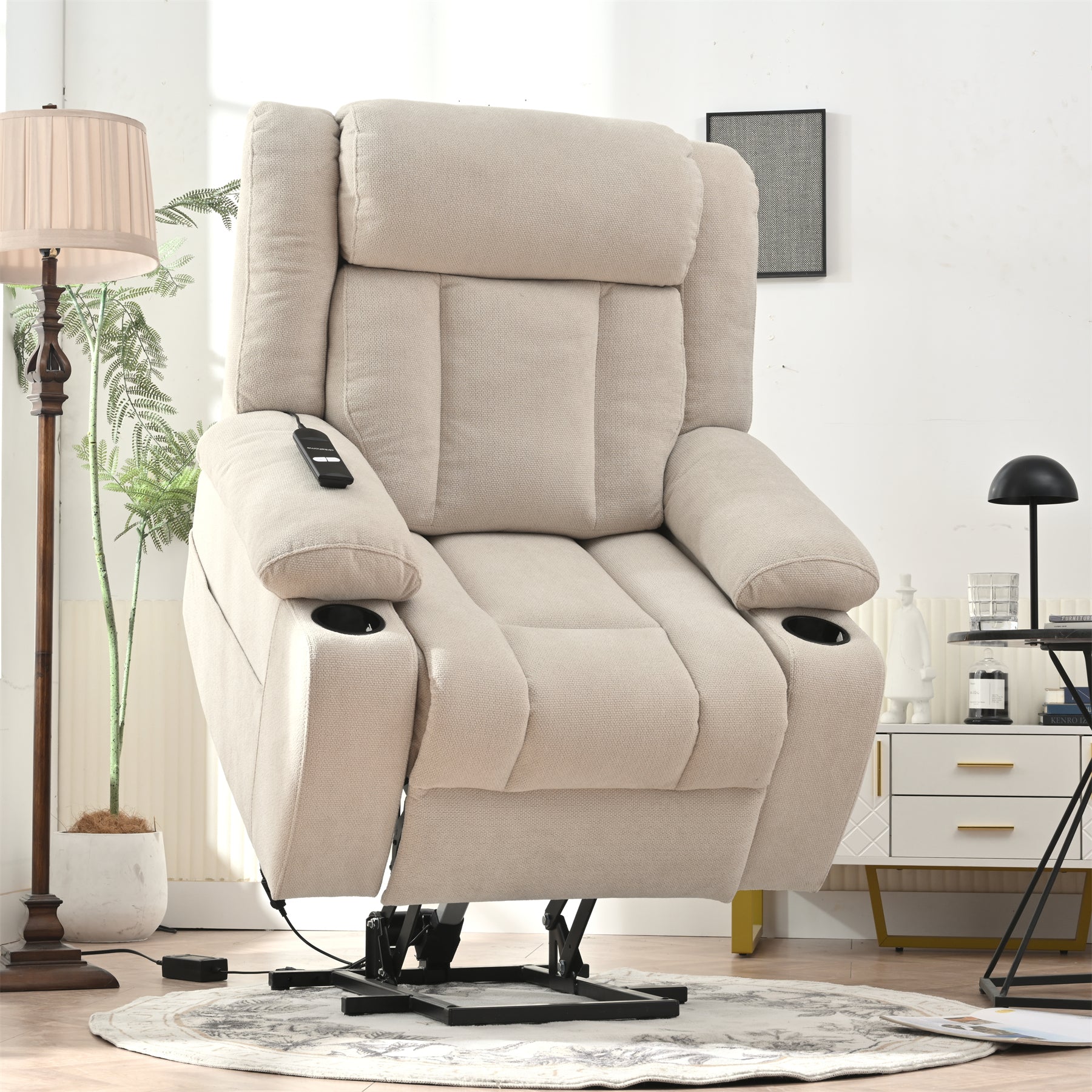 Power Lift Recliner Chair for Elderly,Fabric Lift Chairs for Living Room w/ Extended Footrest,Classic Single Sofa,Home Theater Seat with 2 Cup Holders,Side Pockets,Remote Control(Light Gray)