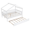 Full Size Wooden House Bed with Twin Size Trundle, White