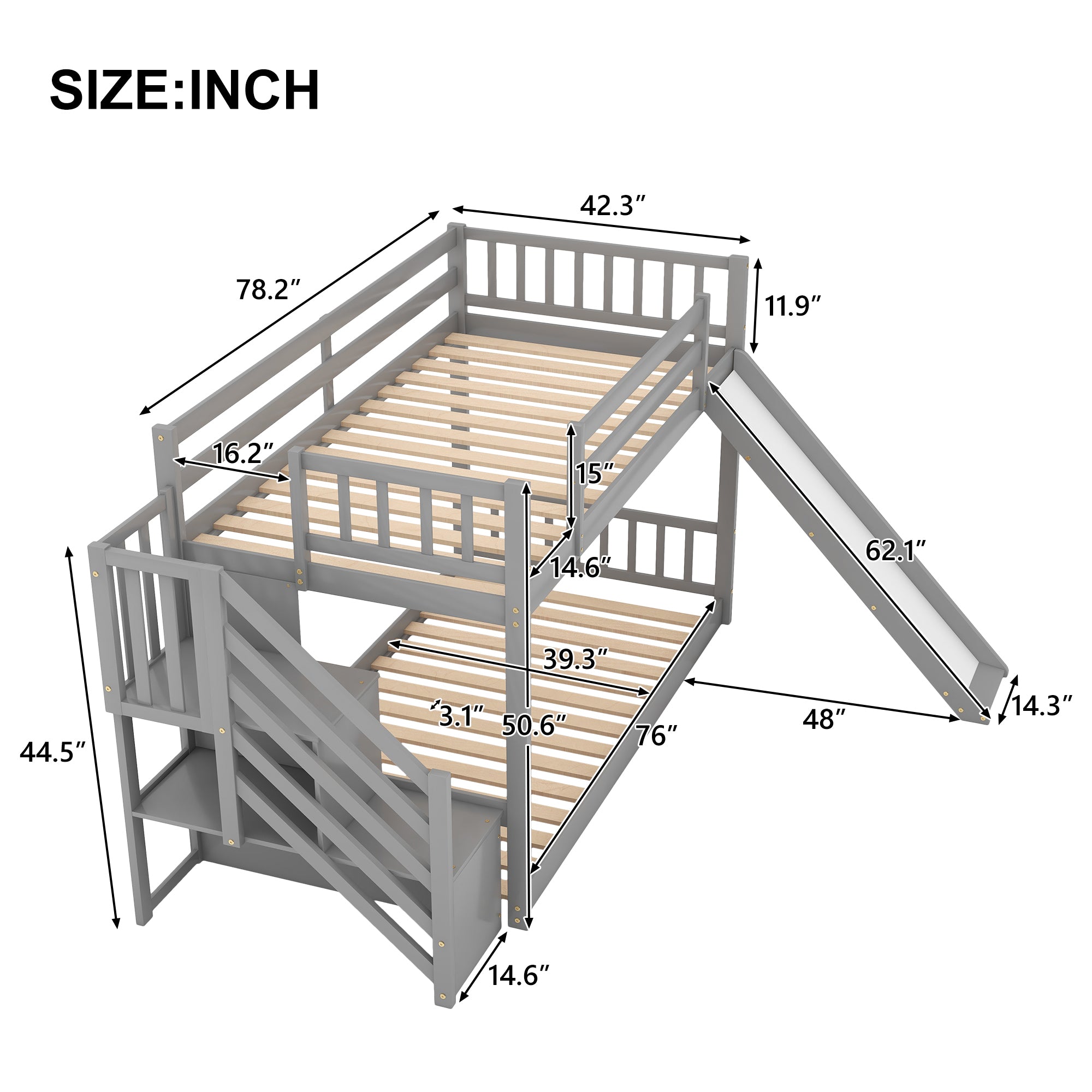 Twin over Twin Bunk Bed with Convertible Slide and Stairway, Gray - Atlantic Fine Furniture Melbourne FL