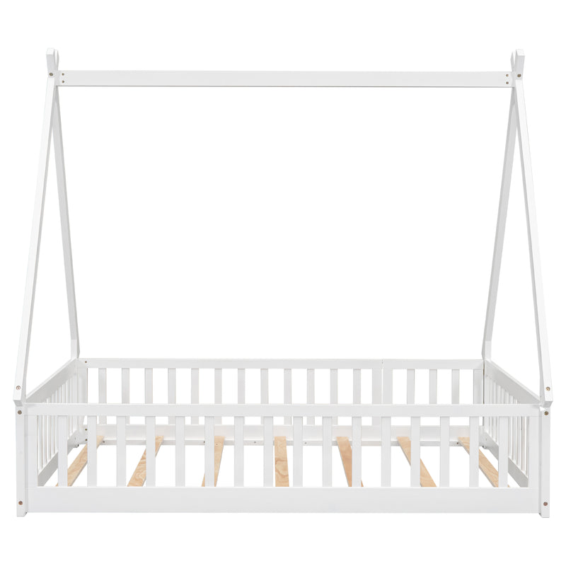 Full Tent-shaped Floor Bed, with Guardrails, Slats, Door ,White