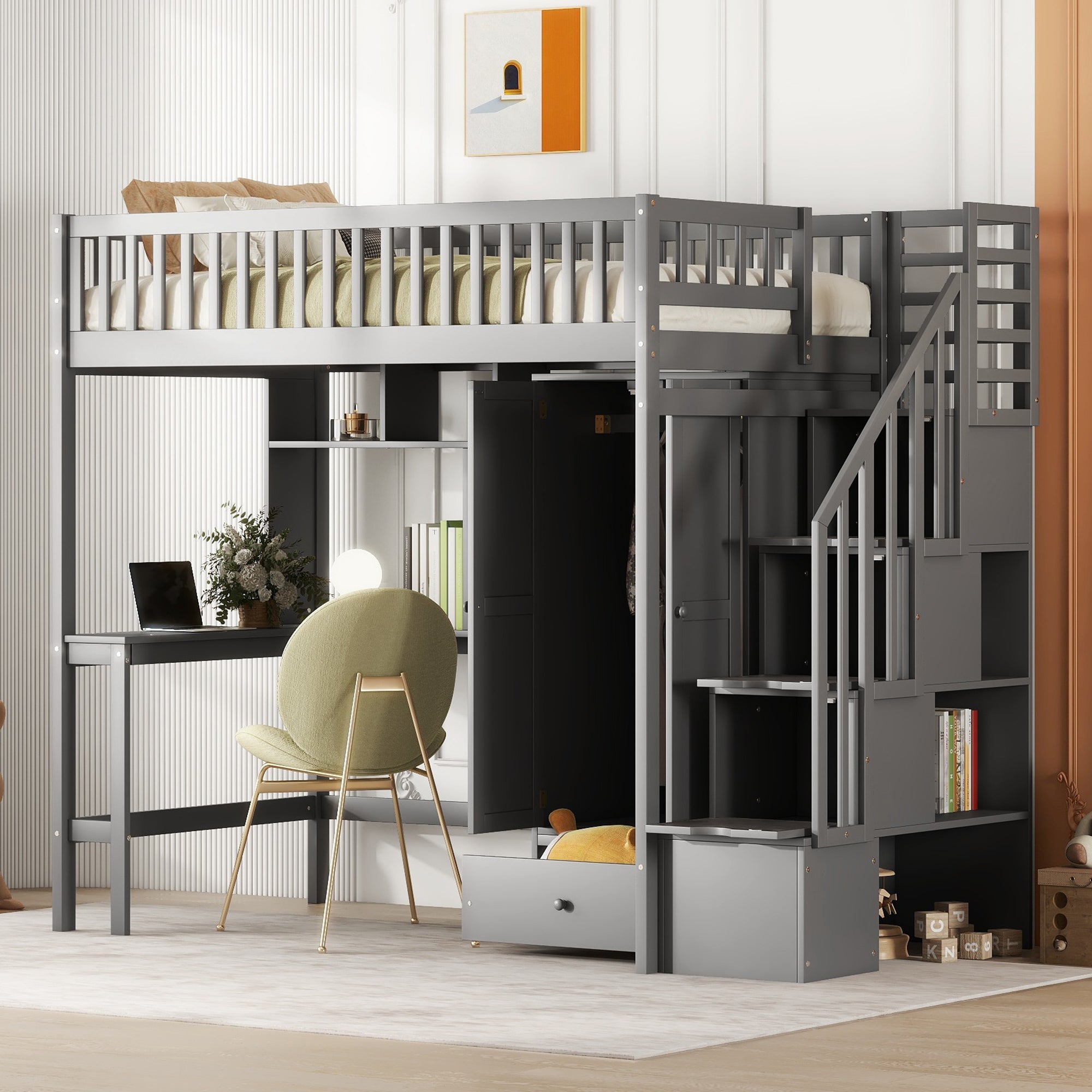 Twin size Loft Bed with Bookshelf,Drawers,Desk,and Wardrobe-Gray - Atlantic Fine Furniture Melbourne FL