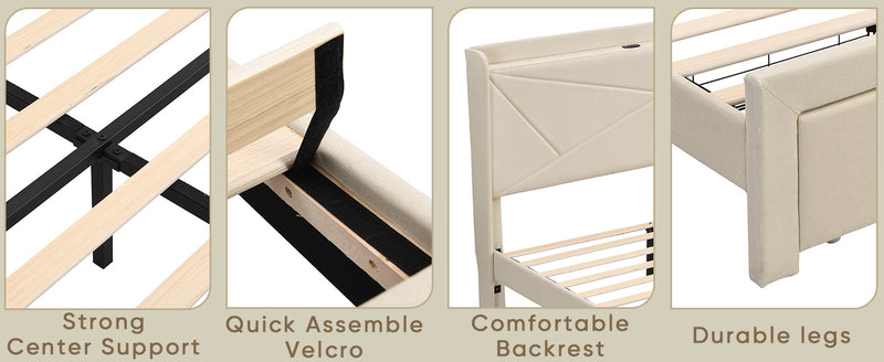 Full Size Bed Frame with 2 Storage Drawers, Upholstered Bed Frame with Wingback Headboard Storage Shelf Built-in USB Charging Stations and Strong Wood Slats Support, No Box Spring Needed, Beige