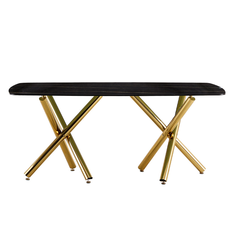 Modern Minimalist Rectangular Dining Table With Imitation Marble Glass & Metal Legs - Black / Gold