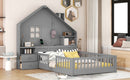 Full Size House Bed with Window and Bedside Drawers, Platform Bed with Shelves and a set of Sockets and USB Port, Gray