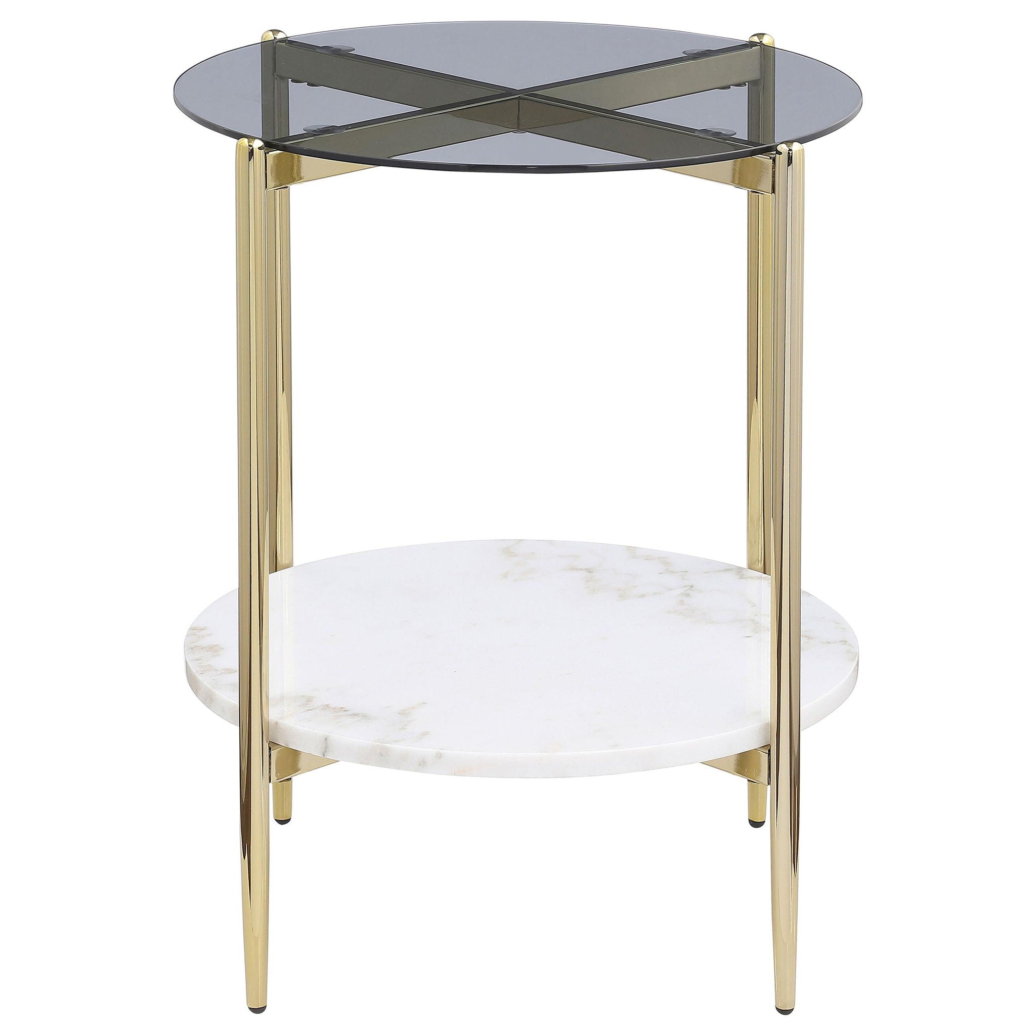 Jonelle Round Glass Top End Table White Marble Shelf Gold