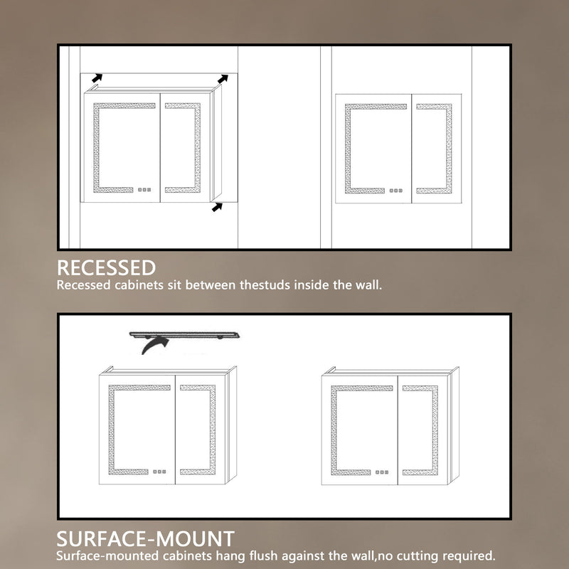 LED Lighted Bathroom Medicine Cabinet With Mirror, Recessed Or Surface LED Medicine Cabinet, Defog, Stepless Dimming, Color Temper Change, Storage Shelves