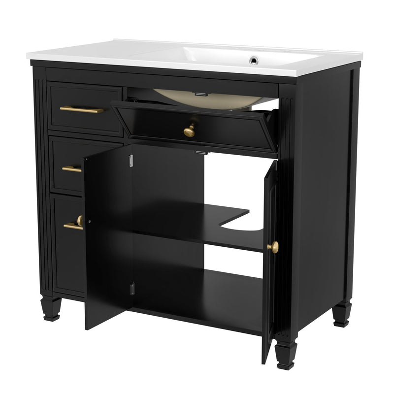 Modern Bathroom Vanity With Ceramic Sink, Freestanding, One Tip Out Drawer, 3 Side Drawers, Adjustable Shelf