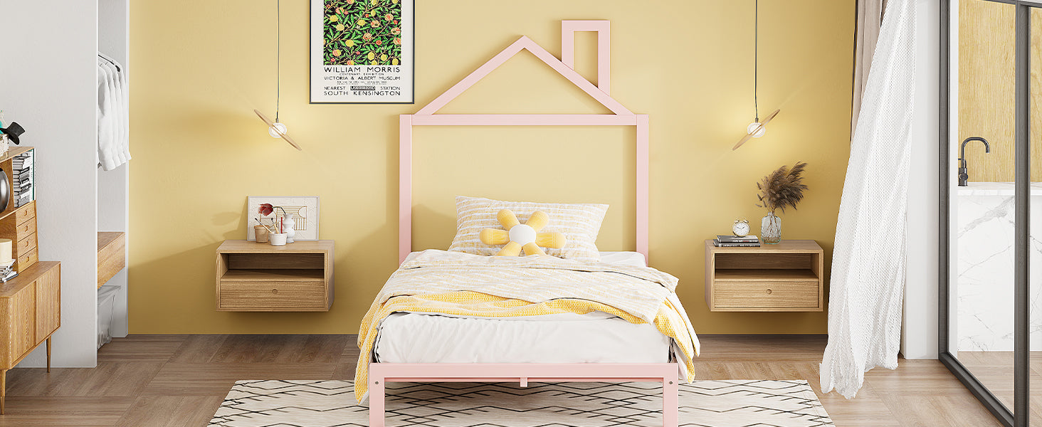 Twin Size Metal Platform Bed with House-Shaped Headboard Design, Pink - Atlantic Fine Furniture Melbourne FL