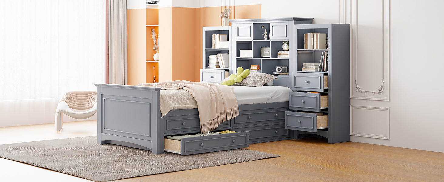 Twin Size Wood Platformbed with Vertical All-in-One Cabinet and 4 Drawers on each side, Gray - Atlantic Fine Furniture Melbourne FL
