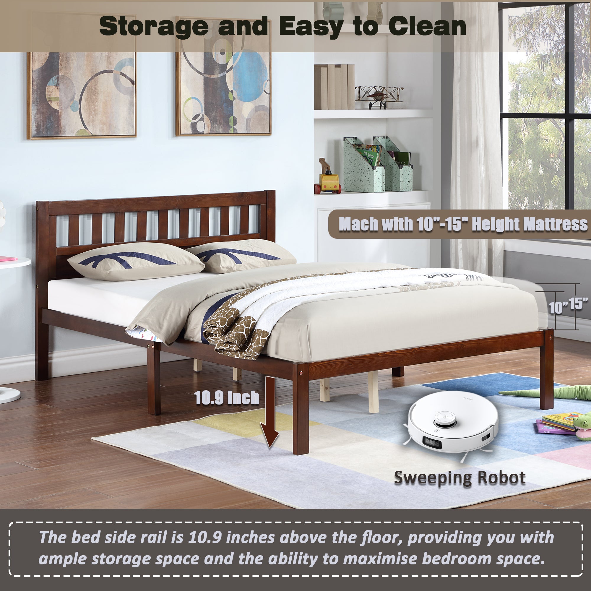 Full Size Bed, Wood Platform Bed Frame with Headboard For Kids, Slatted, Dark Walnut - Atlantic Fine Furniture Melbourne FL