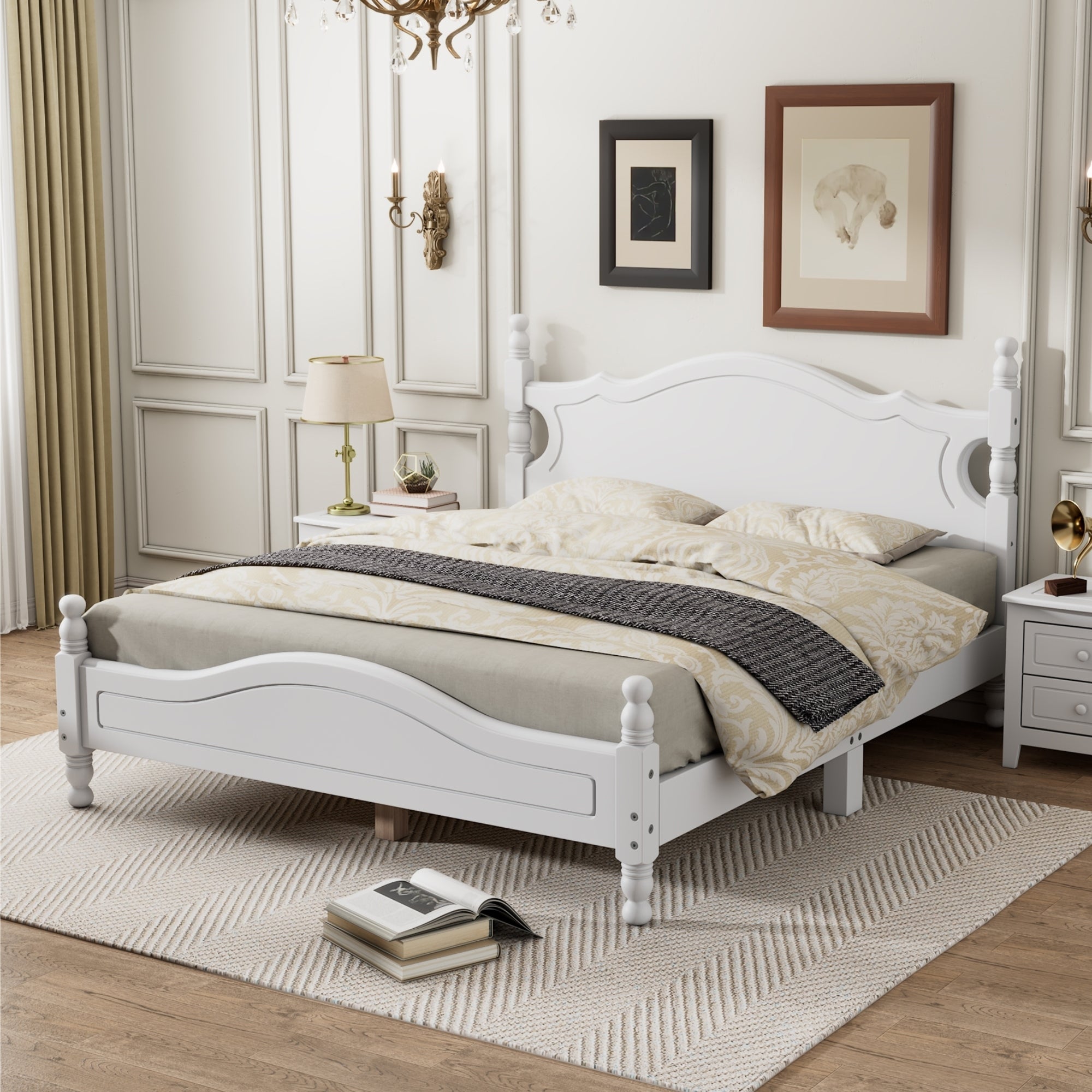 Queen Size Wood Platform Bed Frame,Retro Style Platform Bed with Wooden Slat Support,White - Atlantic Fine Furniture Melbourne FL