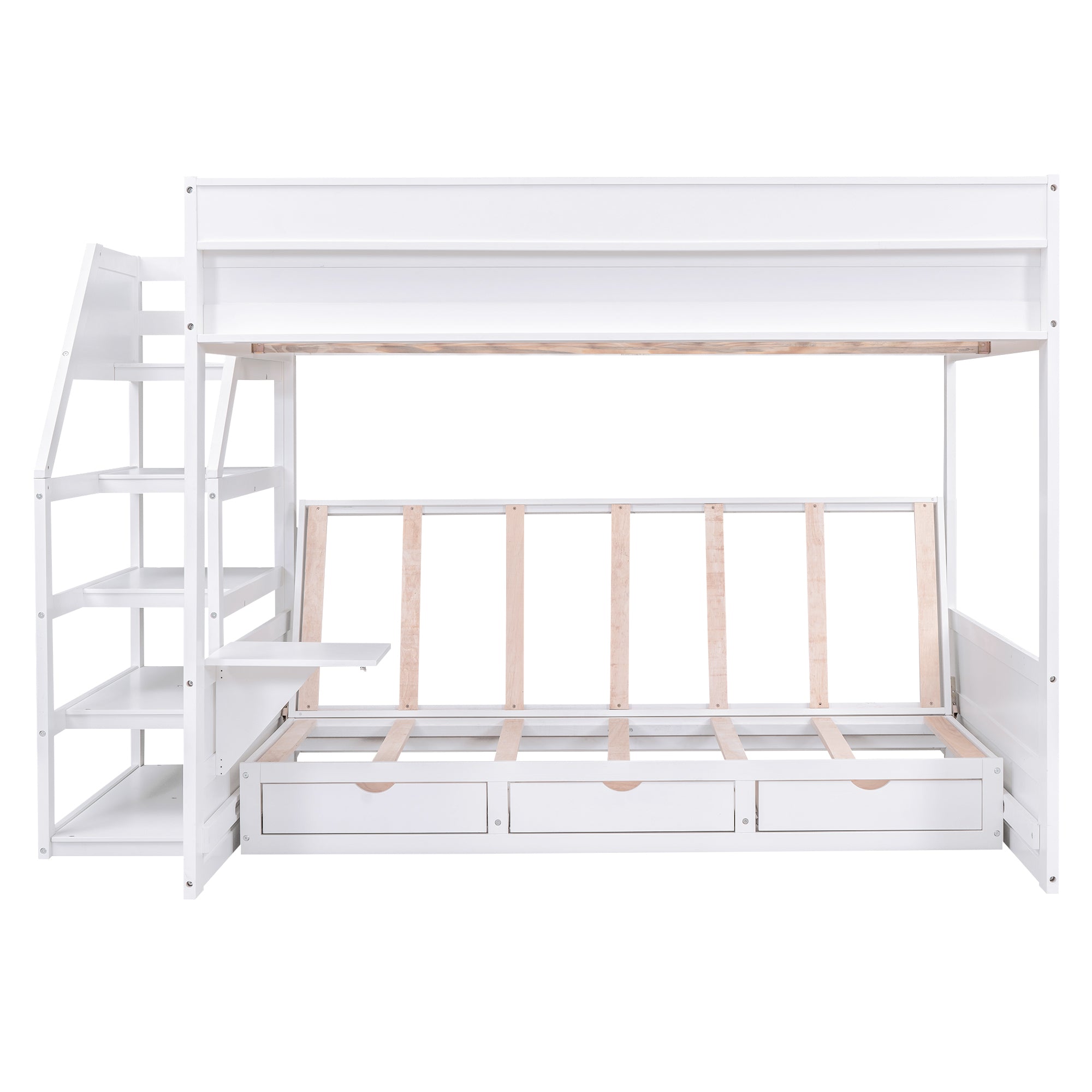 Wood Full Size Convertible Bunk Bed with Storage Staircase, Bedside Table, and 3 Drawers, White - Atlantic Fine Furniture Melbourne FL