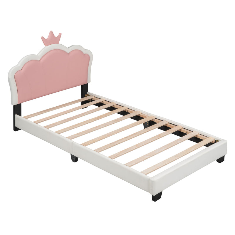 Twin Size Upholstered Princess Bed With Crown Headboard, Twin Size Platform Bed With Headboard And Footboard - White / Pink