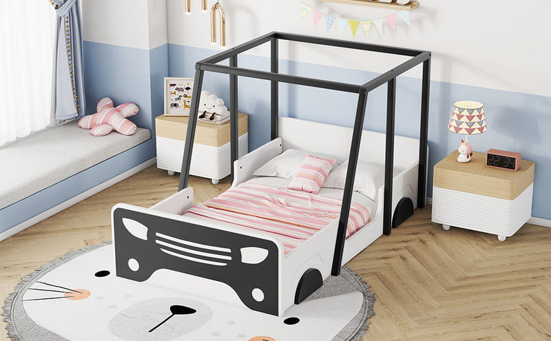 Twin Size Car-Shaped Bed With Roof, Wooden Twin Floor Bed With Wheels And Door Design, Montessori Inspired Bedroom