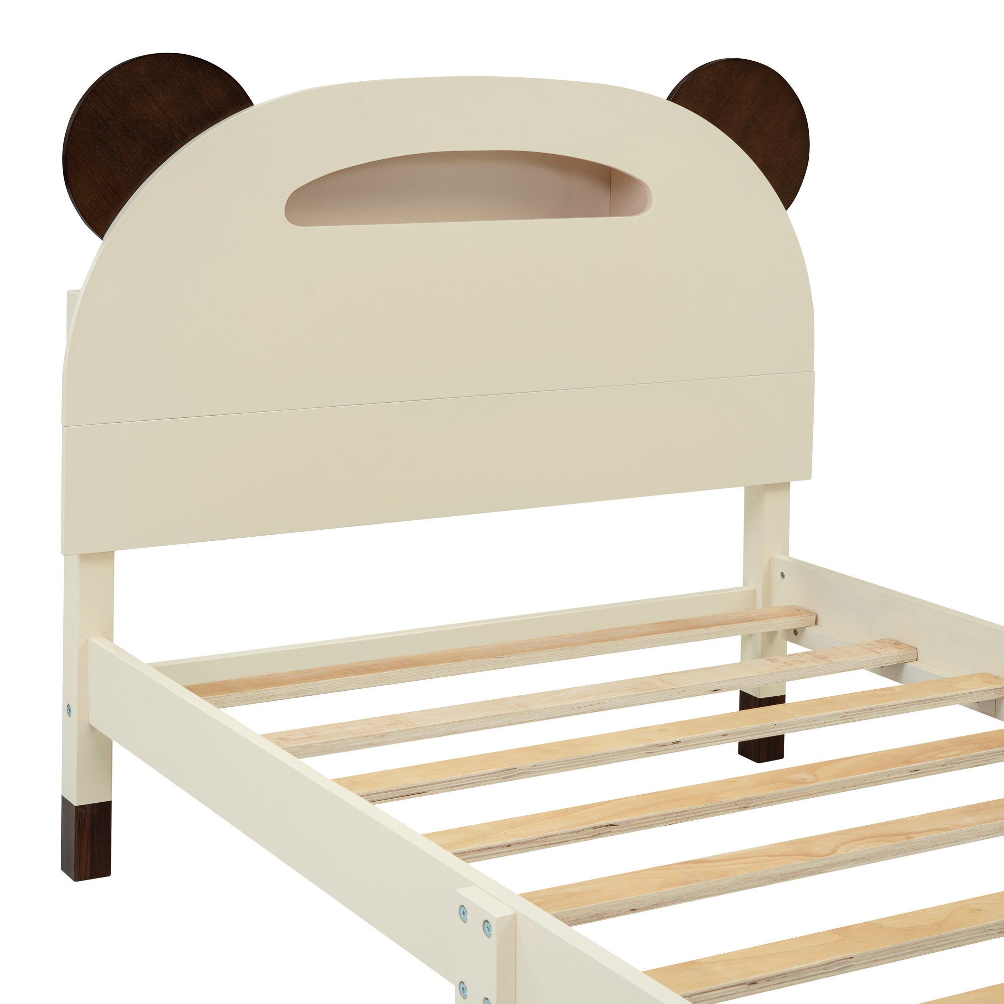 Twin Size Wood Platform Bed with Bear-shaped Headboard,Bed with Motion Activated Night Lights,Cream+Walnut - Atlantic Fine Furniture Melbourne FL